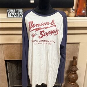 Ralph Lauren White and Blue Raglan Tee with Red Print